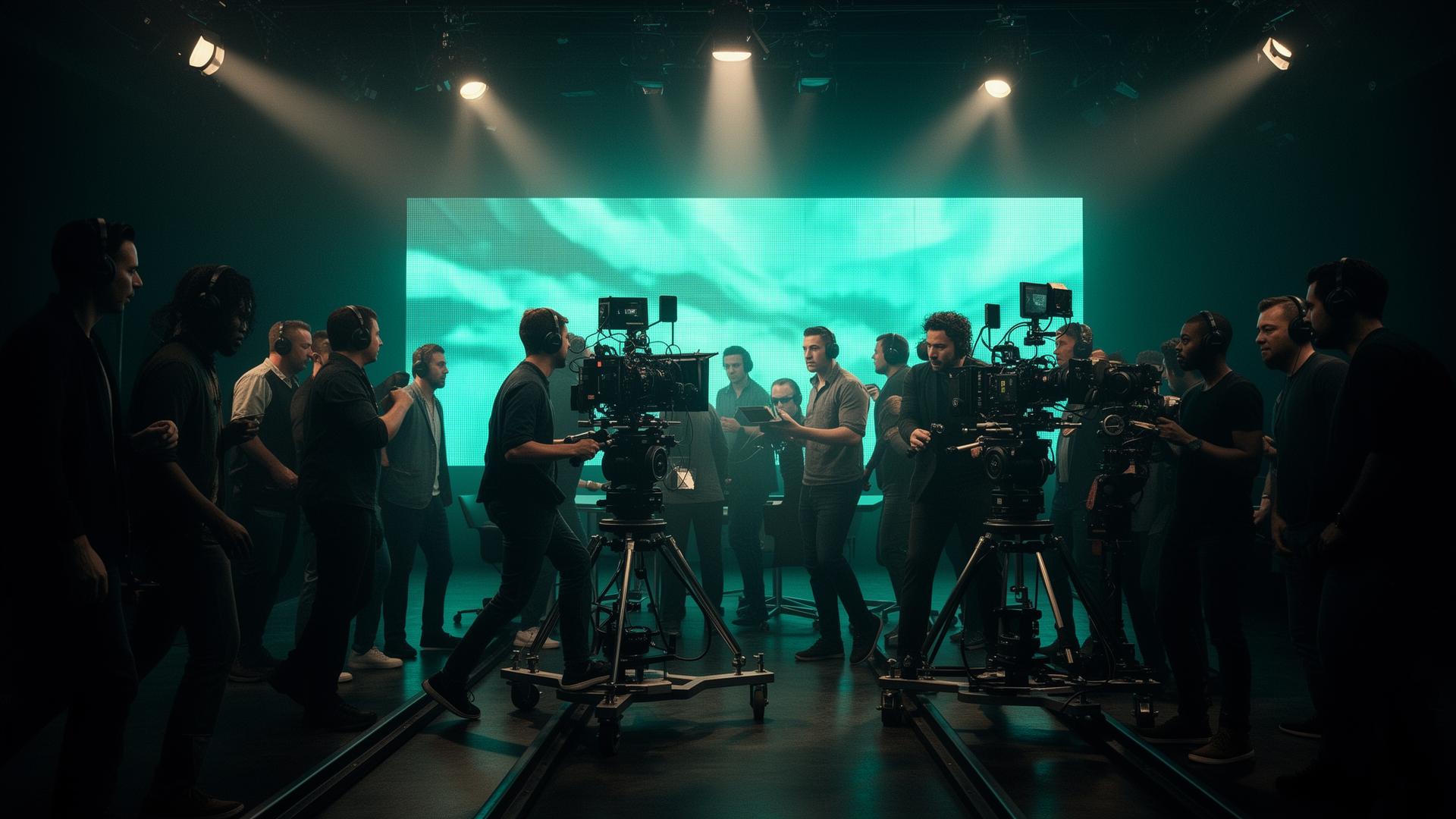Elite television production set with diverse crew operating 8K cameras