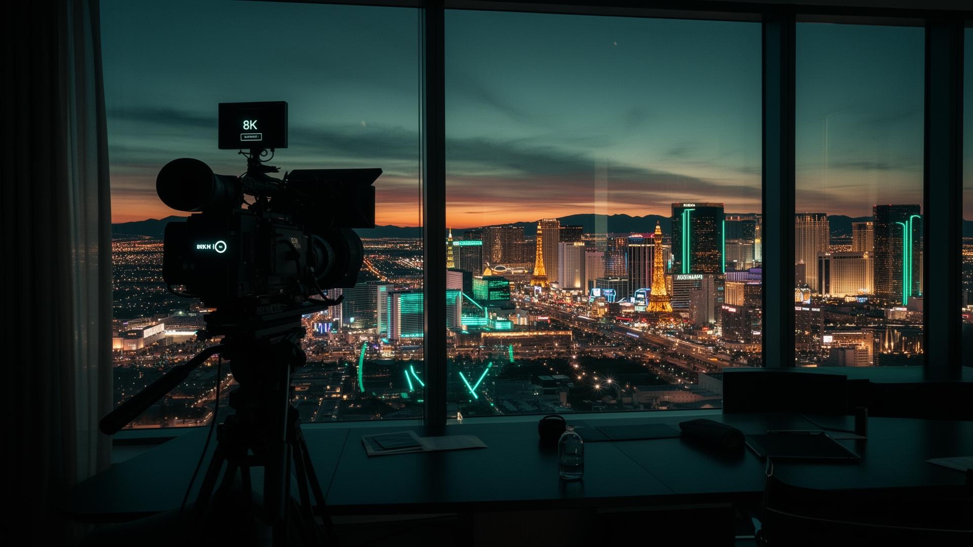Las Vegas skyline at dusk with an 8K cinema camera at the new MAO Media headquarters